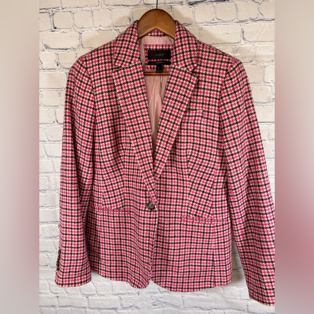 J Crew Pink Burgundy Campbell Classic Preppy Academia Wool Houndstooth Blazer 8